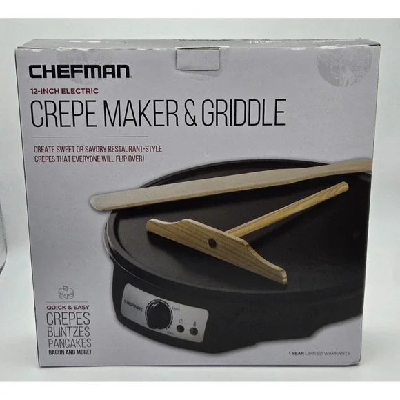 Chefman 12″ Electric Crepe Maker & Griddle Pancakes Blintzes RJ33-C - Picture 3 of 6